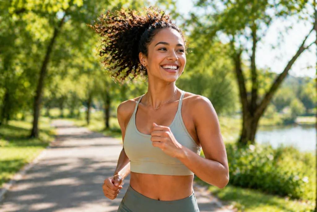 Smiling woman running outdoors, representing an active lifestyle and whole-body wellness