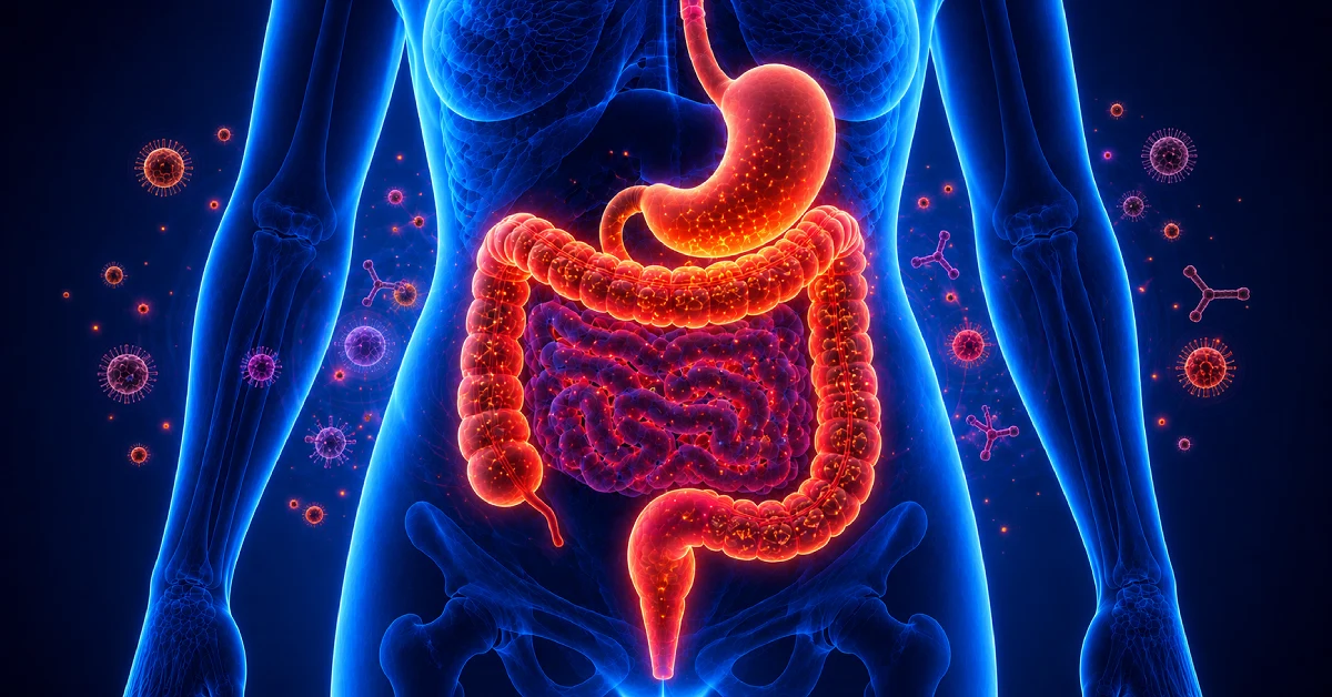 Medical illustration representing food reactions and histamine-related digestive symptoms