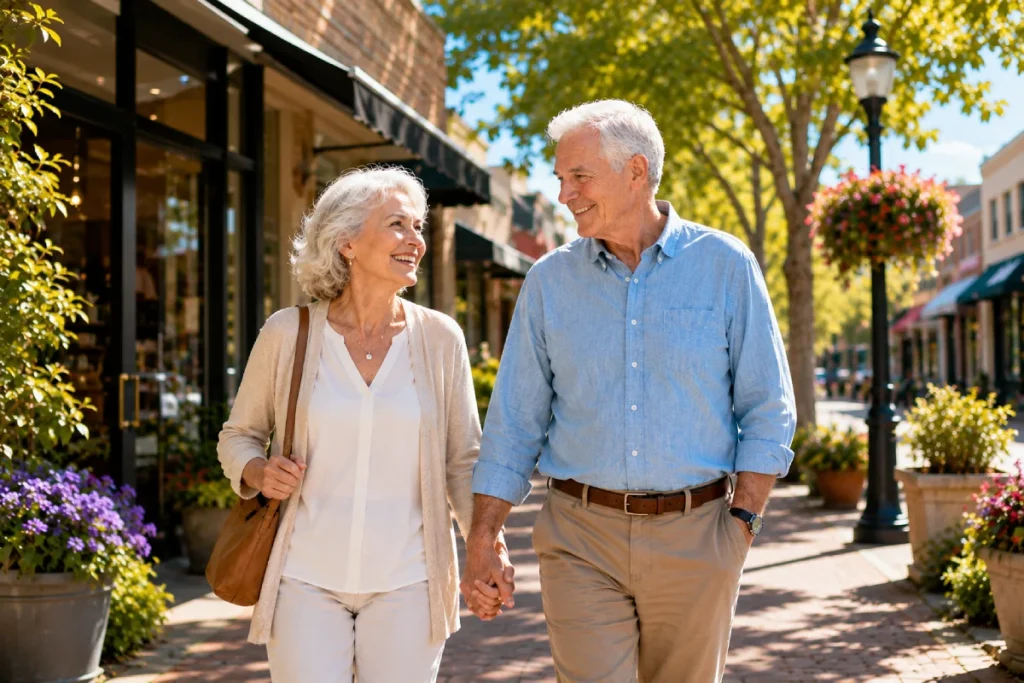 Smiling older couple walking outdoors, representing healthy aging and whole-body wellness