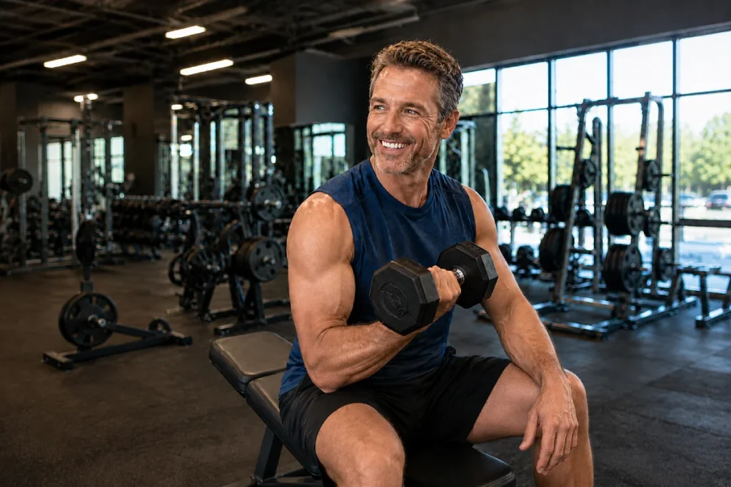 Smiling man strength training in a gym, representing an active lifestyle and whole-body wellness