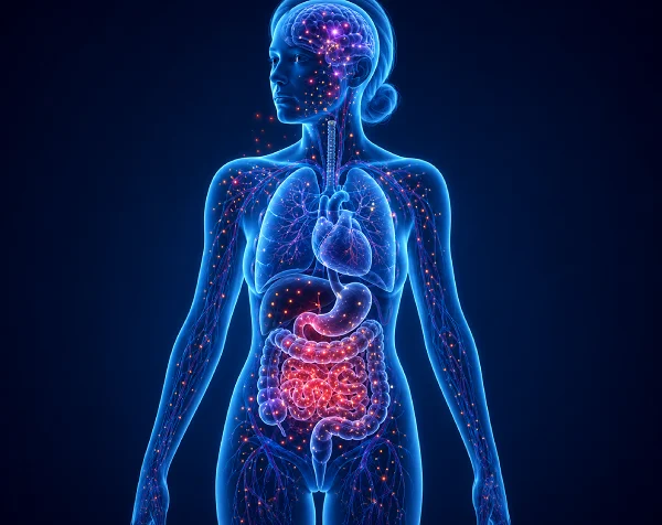 Medical illustration representing mast cell activation and inflammatory signaling throughout the body