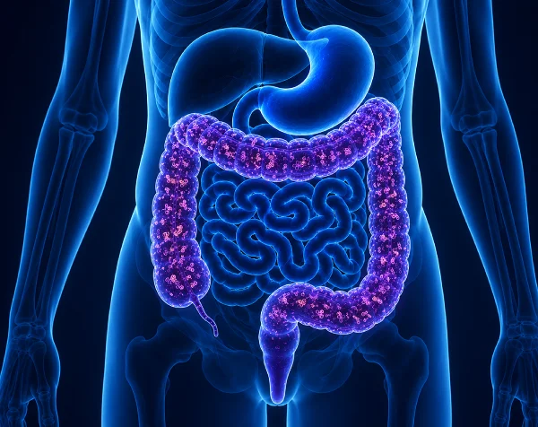 Medical illustration representing methanogen overgrowth in the intestines