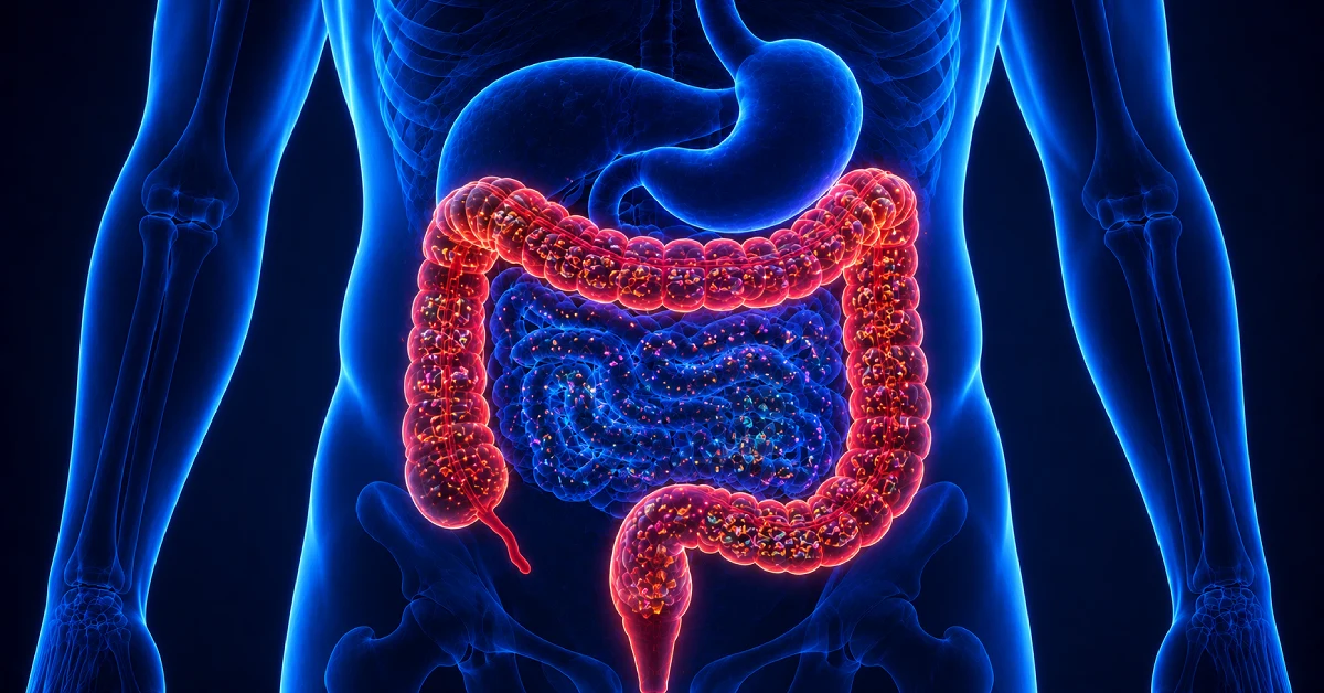 Medical illustration representing SIBO and microbial imbalance digestive health support