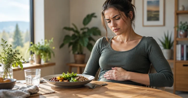 Woman experiencing bloating after every meal while sitting at the dining table.