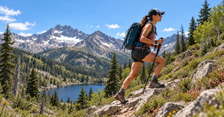 Woman hiking in Colorado mountains, managing high altitude bloating with functional digestive health strategies.
