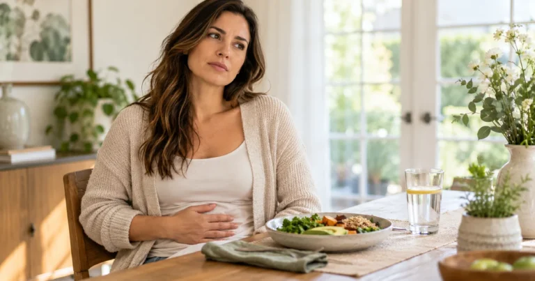 A woman sitting at a dining table holding her stomach in discomfort after a meal, illustrating the difference between IBS pain vs SIBO bloating.