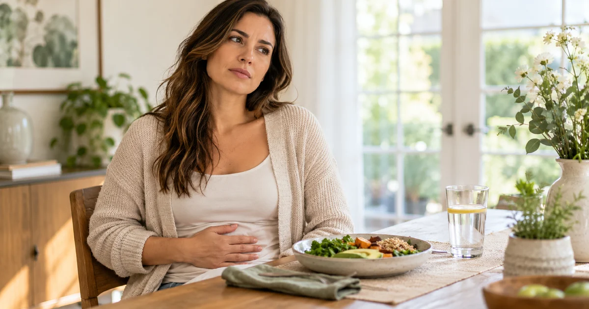 A woman sitting at a dining table holding her stomach in discomfort after a meal, illustrating the difference between IBS pain vs SIBO bloating.