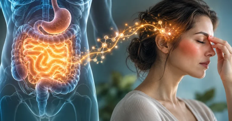 Infographic linking histamine intolerance from SIBO in the gut to a woman experiencing a migraine and skin flushing.