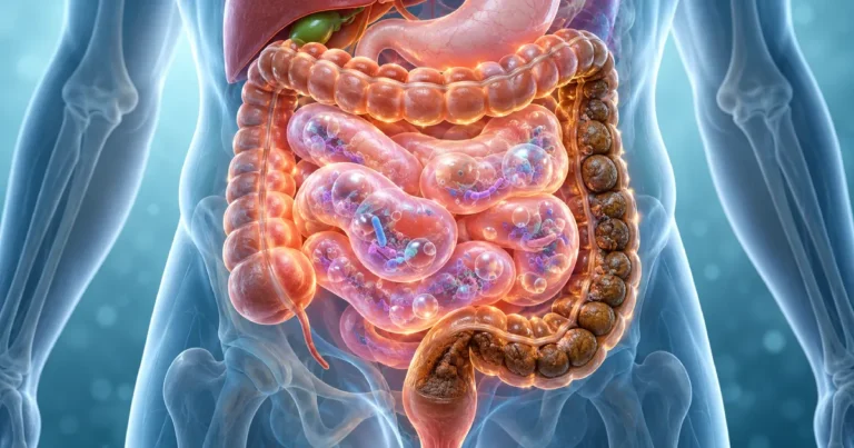 Anatomy of a bloated gut with trapped gas bubbles and hard stool, showing what does methane SIBO constipation feel like.