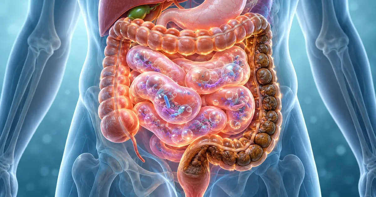 Anatomy of a bloated gut with trapped gas bubbles and hard stool, showing what does methane SIBO constipation feel like.